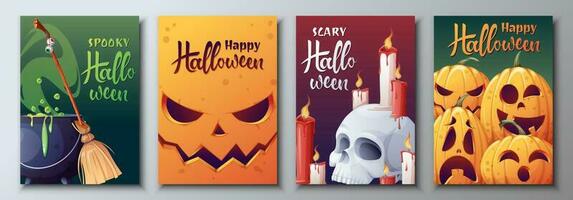 Set of vector postcards for Halloween. Witch s cauldron, scary pumpkins, broom, skull, candles. Illustration for greeting cards, invitations, banners, posters