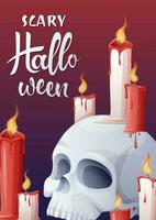 Vector poster with a skull and candles. Postcard for the holiday. Happy Halloween, holiday symbol. Poster, postcard, invitation, banner a4 size