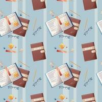 Seamless pattern with textbooks and stationery on a white background. The texture is great for paper, wallpaper, textiles. school theme, back to school, study vector