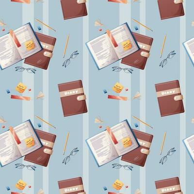 Seamless pattern with textbooks and stationery on a white background. The texture is great for paper, wallpaper, textiles. school theme, back to school, study