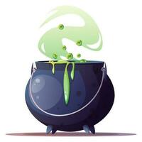 Witch s cauldron with bubbling green liquid isolated on transparent background. Magic potion. Witchcraft symbol. Dark boiling cauldron. Traditional Halloween element. Vector illustration