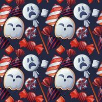 Seamless pattern with Halloween sweets. Ghost cookies, candy, lollipop, marshmallow. Trick or treat. Festive texture great for wrapping paper, wallpaper, fabric, etc. vector