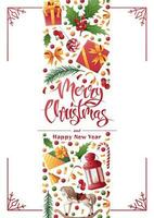 Christmas card with festive decor on a white background. Poster with elements of New Year s decor gifts, holly, lantern, spruce, etc. Suitable for invitations, postcards, banners, posters. vector