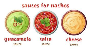 Set of sauces for nachos on an isolated background. Guacamole, salsa, cheese sauce. Traditional Mexican food. Vector illustration