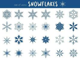 Blue snowflakes set isolated on white background. Snow elements for Happy New Year and Merry Christmas holidays greeting card decoration. Vector illustration.