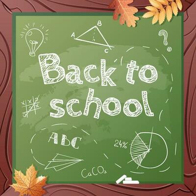 Postcard back to school. School board design with chalk drawings. Square background for a flyer, poster, banner, etc. Knowledge Day