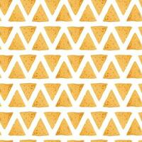 Seamless pattern with triangular corn chips on a brown background. Traditional Mexican food. Crispy nachos. Vector geometric background for wrapping paper, fabric, wallpaper. Latin American food