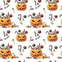Seamless pattern with Halloween sweets and pumpkin on a white background. Trick or treat. Seamless texture for wrapping, textile, wallpaper, etc. vector