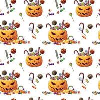 Seamless pattern with Halloween sweets and pumpkin on a white background. Trick or treat. Seamless texture for wrapping, textile, wallpaper, etc. vector