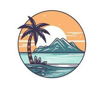 Beach with palm trees and mountains. Vector illustration in flat style.