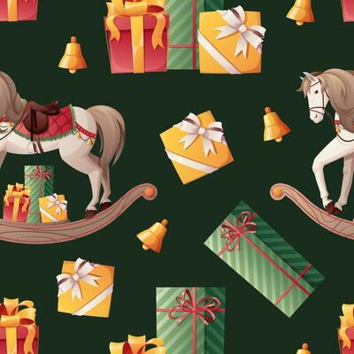 Seamless pattern with rocking horse and gifts. Christmas wrapping paper for gifts, wallpapers, textiles. New Year s decor.