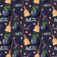 Vector Halloween Seamless pattern with hat, witches cauldron and broom with lettering. Magical background for a terrible holiday