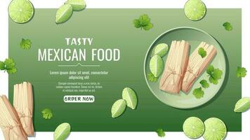 Banner with tamales with cilantro and lime. National Mexican food. Tasty and healthy food, cooking, menu. Online food order vector