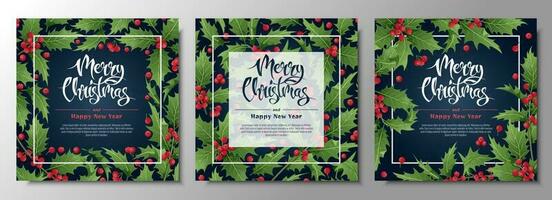 Set of backgrounds with holly leaves and berries. Christmas and New Year decor. Great for postcards, banners, invitations. vector