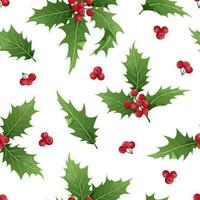 Seamless pattern with holly leaves and berries on a white background. Christmas and New Year texture. Great for wrapping paper, textiles, wallpapers. vector