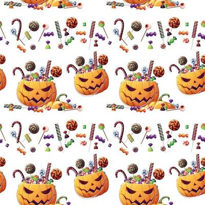 Seamless pattern with Halloween sweets and pumpkin on a white background. Trick or treat. Seamless texture for wrapping, textile, wallpaper, etc.