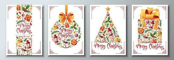 Set of Christmas and New Year cards with festive decor. Christmas ball, tree, gift. Great for invitations, cards, posters, banners. vector