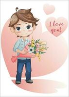 Valentine s Day illustration. Boy with a beautiful bouquet of flowers. Great for postcards, banners, prints vector