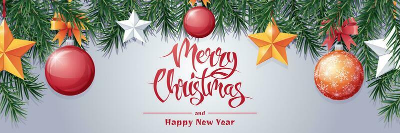 Christmas banner with fir branches and Christmas balls and stars. Festive silver background.