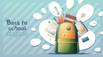 Banner template with a school backpack and scattered textbooks, stationery, etc. on a blue background. Back to school, knowledge day, study. Vector illustration. Poster, banner, background