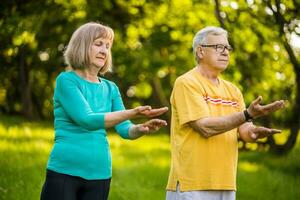 A senior couple doing physical exercises photo