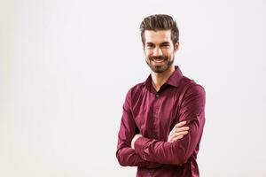 A happy man in a purple shirt photo