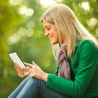 A woman reading a tablet photo