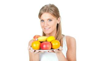 mujer promoviendo sano comiendo hábitos foto