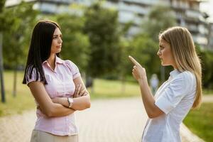 Business colleagues are arguing in park on break. photo