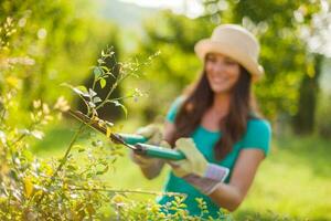 un joven mujer jardinería foto