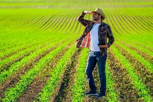 Man farmer is cultivating corn on his land photo