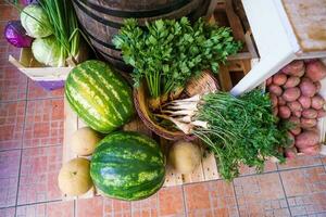 Healthy fruit and vegetables in grocery shop photo