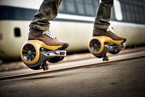 levitación patines de el futuro personal transporte dispositivos ese permitir los usuarios a planeo encima el suelo, reduciendo tráfico y Proporcionar un Respetuoso del medio ambiente alternativa ilustración generativo ai foto