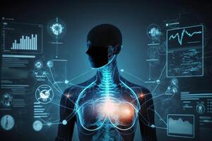 medicina médico tecnología y futurista concepto un médico conmovedor electrónico médico grabar en virtual pantalla, cerebro análisis, adn ilustración generativo ai foto