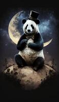 panda bear wearing a bow tie and top hat, sitting on a crescent moon in a starry night sky smartphone phone original fantasy unique background lock screen wallpaper illustration photo