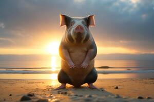 cerdo practicando yoga en el playa a puesta de sol ilustración generativo ai foto