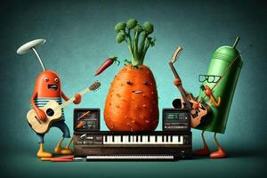 vegetales rock banda jugar música Zanahoria tomate calabacín ilustración generativo ai foto