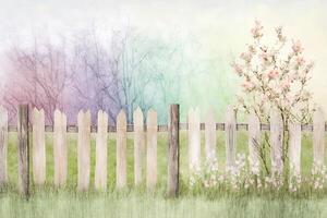 Pastel colors of spring wooden fence illustration photo