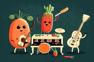 vegetales rock banda jugar música Zanahoria tomate calabacín ilustración generativo ai foto