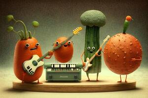 vegetales rock banda jugar música Zanahoria tomate calabacín ilustración generativo ai foto