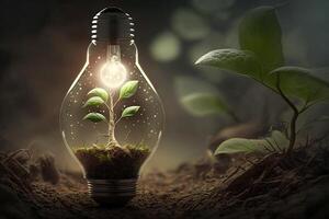 planta creciente fuera de un ligero bulbo, simbolizando sostenible energía y ambientalismo ilustración generativo ai foto