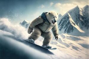 Polar bear snowboarding down the snowy mountains photo