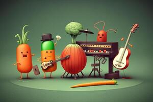 vegetales rock banda jugar música Zanahoria tomate calabacín ilustración generativo ai foto