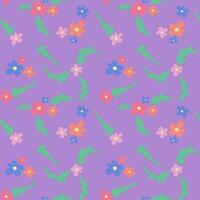 Kids papercraft vector floral seamless pattern. Cutout flat flowers and leaves in pastel colors on violet background. Perfect for kids textile, wallpaper, wrapping paper, background, interior decor