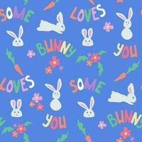 Childish papercraft seamless pattern with rabbits. Cutout text Some Bunny Loves You in pastel colors with flowers and carrots on blue background. Perfect for wallpaper, wrappinf, kids textile vector