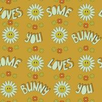 Retro cartoon seamless pattern with text Some bunny loves you. Unique hand drawn vector flat elements on yellow background. Suitable for fabric, wallpaper, wrapping, background, interior decor