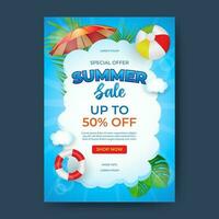 summer sale template. white clouds background and beach elements vector