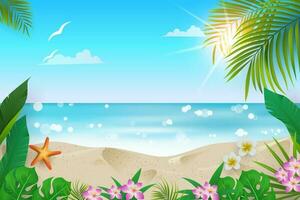 hermosa playa escena en verano con tropical plantas vector