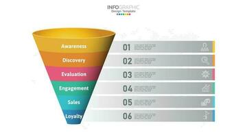 Sales funnel infographic template with 6 steps for marketing and startup business. vector