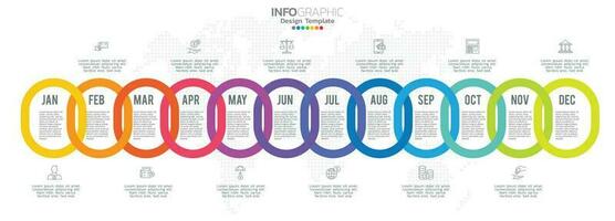 Timeline infographic presentation for 1 year 12 months used for Business concept with 12 options, steps and processes. vector